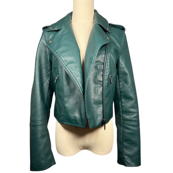 NWOT 7 for All Mankind Green Faux Leather Moto Jacket (S) - Picture 3 of 10